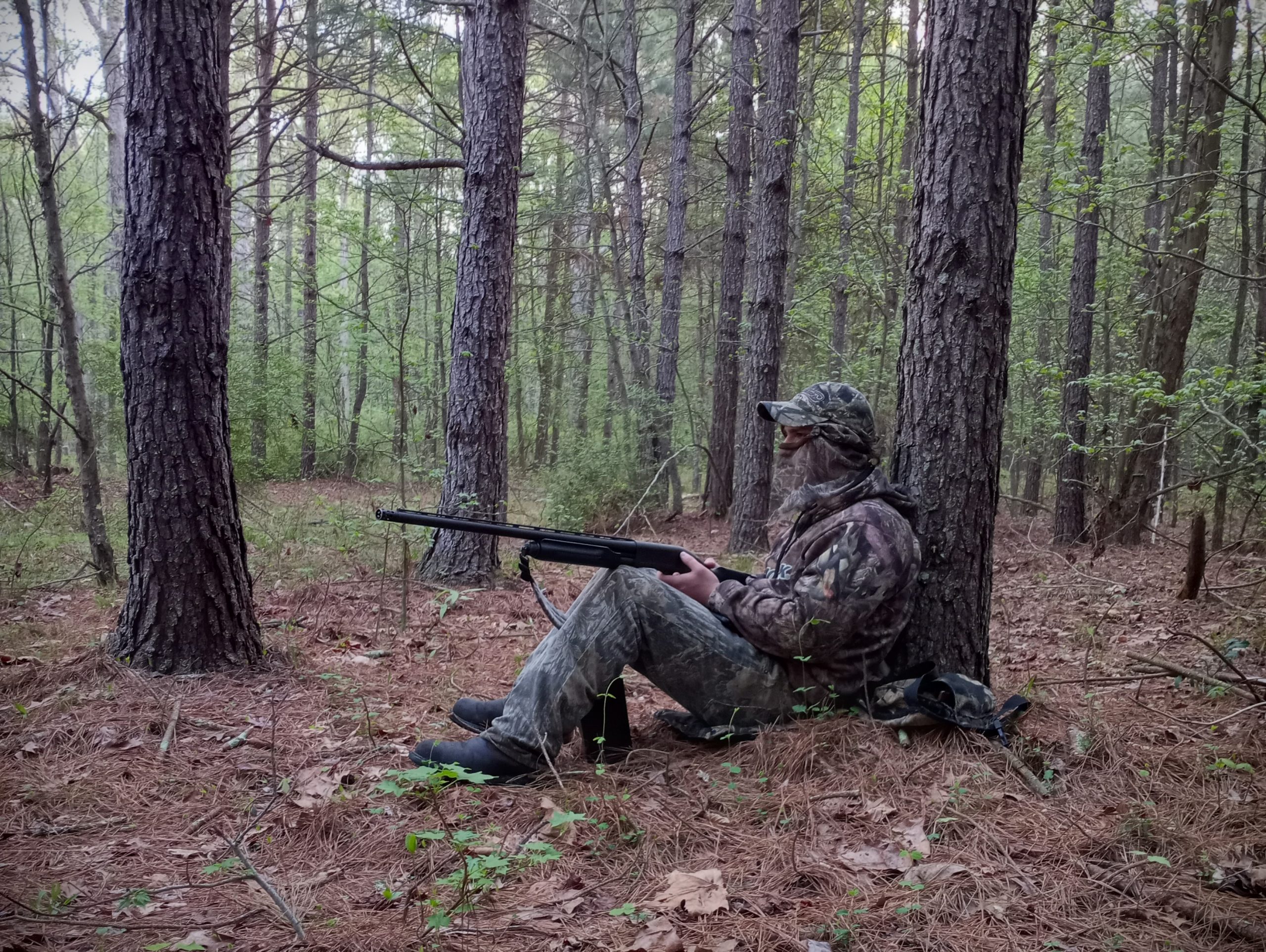 A turkey hunter leans againsta tree in the woods.